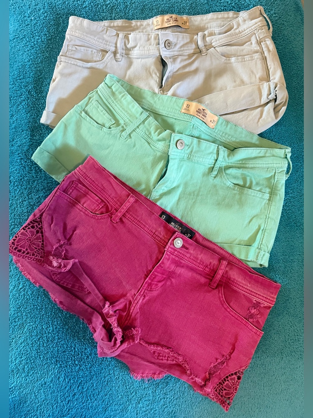 Hollister Women’s Denim Shorts Trio — Bold Pink, Mint & White